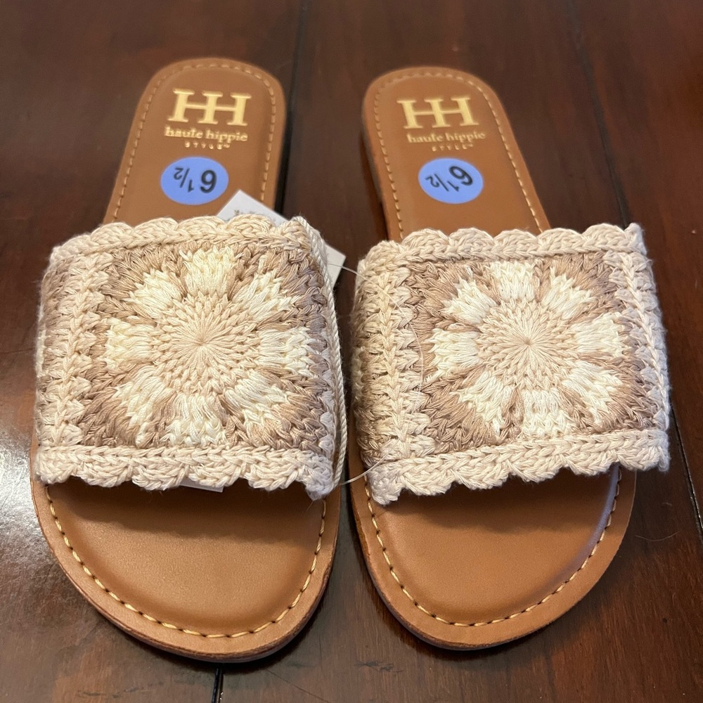 Haute Hippie Rianne Crochet Sandals Flats Cream Slides Granny Square Sz 6.5